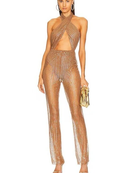 Michael Costello Pants - Michael Costello X Revolve NWT Yasmin Jumpsuit in Antique Gold - Size Medium